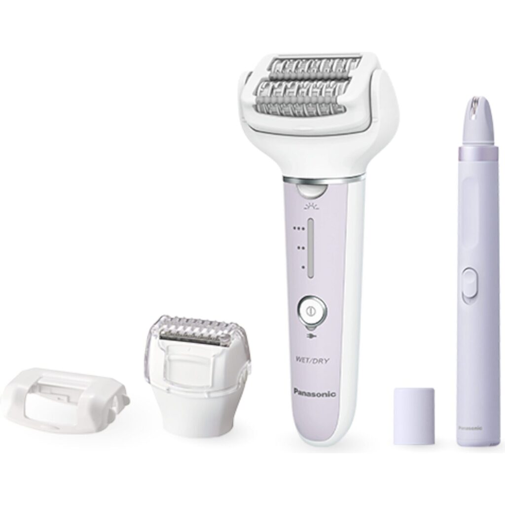 DEPILATORY SERII EY 26 Panasonic ES-EYL3A zestaw 2 depilatorów do twarzy i ciała z 3 nasadkami (podwójne dyski, elastyczna głowica, czujnik nacisku), fioletowy