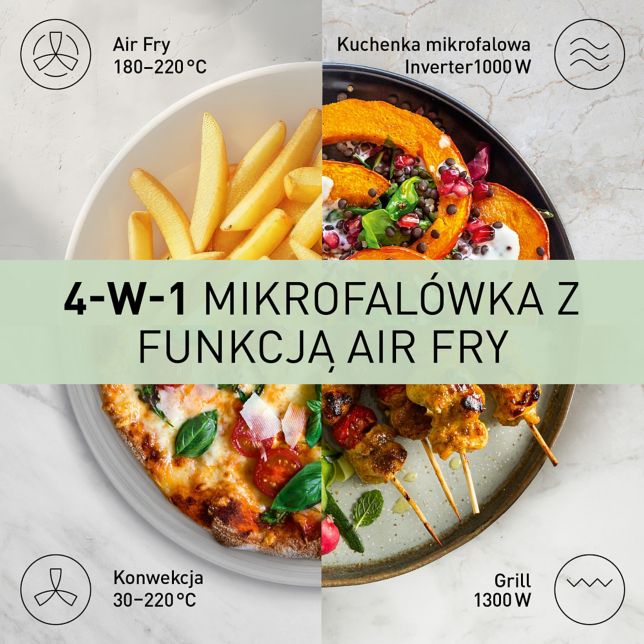 Panasonic NN-CT57RMEPG Panasonic NN-CT57RM kuchenka mikrofalowa Inverter Slim z grillem i funkcją Air Fry (1000W, termoobieg, 27l, kosz do smażenia beztłuszczowego), srebrna 5 Grafika prezentująca 4 tryby gotowania: Air Fry (180–220°C), mikrofala Inverter (1000 W), grill (1300 W) oraz pieczenie konwekcyjne (30–220°C), wokół talerza z różnymi potrawami.